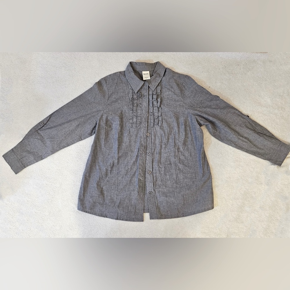 Blair Grey Chambray Ruffle Front Button Down Cotton Shirt Women’s Large